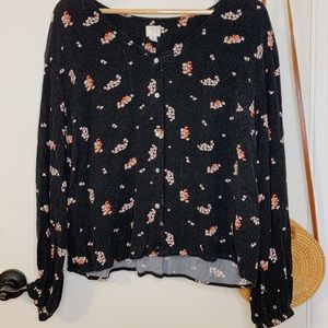 Black Floral Button Down Top